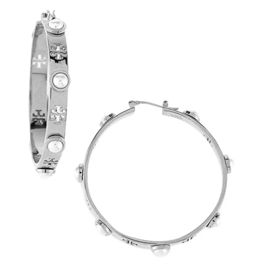 New Authentic Tory Burch Women’s T-Pierced Logo Silver  & Pearl Hoop on TB card